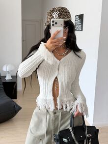 StreetHx Women's Autumn/Winter Lazy Fashion Versatile Sexy Hot Girl Design Date Street Fringe Cardigan - White - View 4