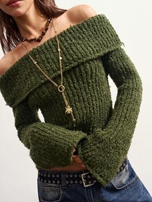 Bohemela 女款多功能復古休閒露肩長袖針織衫 時尚日常約會穿搭 橄欖綠 秋冬 - 軍綠色 - 查看 2