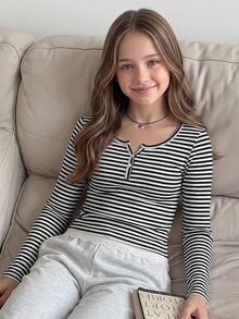 SHEIN Tween女孩針織黑色條紋寬鬆大碼挖領長袖休閒T恤 - 黑與白 - 查看 1