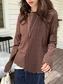 DAZY Women's Casual Heart Print Round Neck Long Sleeve T-Shirt, Spring/Autumn Cute Tops - Coffee Brown - View 7