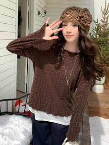 DAZY Women's Casual Heart Print Round Neck Long Sleeve T-Shirt, Spring/Autumn Cute Tops - Coffee Brown - View 6