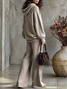 LUMIGAL Oatmeal Grey Vertical Ribbed Knit Drawstring Hooded Sweatshirt & Wide Leg Pants 2 Pieces Set, Dropped Shoulder Loose Fit With Cuffed Hem And Cuffs, Brushed Sweatshirt, Slightly Flared Wide Leg Pants, Lazy Korean Style Loungewear Casual Set, Suitable For Commuting And Shopping, Spring/Autumn Wear, Layerable In Winter - Khaki - View 2