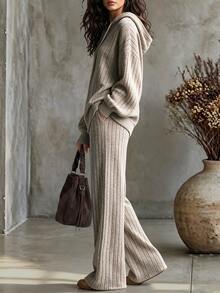 LUMIGAL Oatmeal Grey Vertical Ribbed Knit Drawstring Hooded Sweatshirt & Wide Leg Pants 2 Pieces Set, Dropped Shoulder Loose Fit With Cuffed Hem And Cuffs, Brushed Sweatshirt, Slightly Flared Wide Leg Pants, Lazy Korean Style Loungewear Casual Set, Suitable For Commuting And Shopping, Spring/Autumn Wear, Layerable In Winter - Khaki - View 4