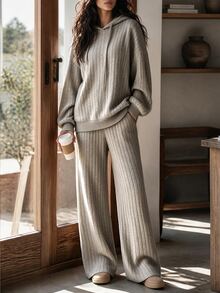 LUMIGAL Oatmeal Grey Vertical Ribbed Knit Drawstring Hooded Sweatshirt & Wide Leg Pants 2 Pieces Set, Dropped Shoulder Loose Fit With Cuffed Hem And Cuffs, Brushed Sweatshirt, Slightly Flared Wide Leg Pants, Lazy Korean Style Loungewear Casual Set, Suitable For Commuting And Shopping, Spring/Autumn Wear, Layerable In Winter - Khaki - View 5