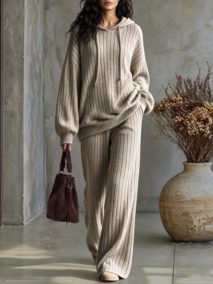 LUMIGAL Oatmeal Grey Vertical Ribbed Knit Drawstring Hooded Sweatshirt & Wide Leg Pants 2 Pieces Set, Dropped Shoulder Loose Fit With Cuffed Hem And Cuffs, Brushed Sweatshirt, Slightly Flared Wide Leg Pants, Lazy Korean Style Loungewear Casual Set, Suitable For Commuting And Shopping, Spring/Autumn Wear, Layerable In Winter - Khaki - View 1