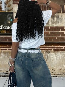 Rovax Women's Letter & Figure Print Fitted Cropped Oblique Shoulder Short Sleeve T-Shirt - White - View 2
