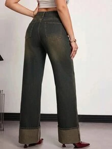 SHEIN PETITE Celana Jeans Denim Wanita Model Lebar, Longgar, Kasual, Serbaguna dengan Kantong - Biru - View 2
