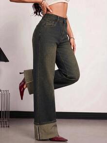 SHEIN PETITE Celana Jeans Denim Wanita Model Lebar, Longgar, Kasual, Serbaguna dengan Kantong - Biru - View 5