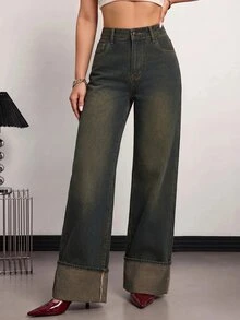 SHEIN PETITE Celana Jeans Denim Wanita Model Lebar, Longgar, Kasual, Serbaguna dengan Kantong - Biru - View 7