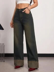SHEIN PETITE Celana Jeans Denim Wanita Model Lebar, Longgar, Kasual, Serbaguna dengan Kantong - Biru - View 4
