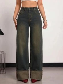 SHEIN PETITE Celana Jeans Denim Wanita Model Lebar, Longgar, Kasual, Serbaguna dengan Kantong - Biru - View 3
