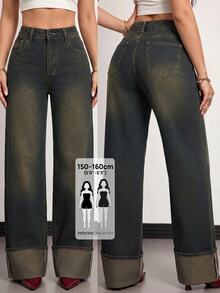 SHEIN PETITE Celana Jeans Denim Wanita Model Lebar, Longgar, Kasual, Serbaguna dengan Kantong - Biru - View 1