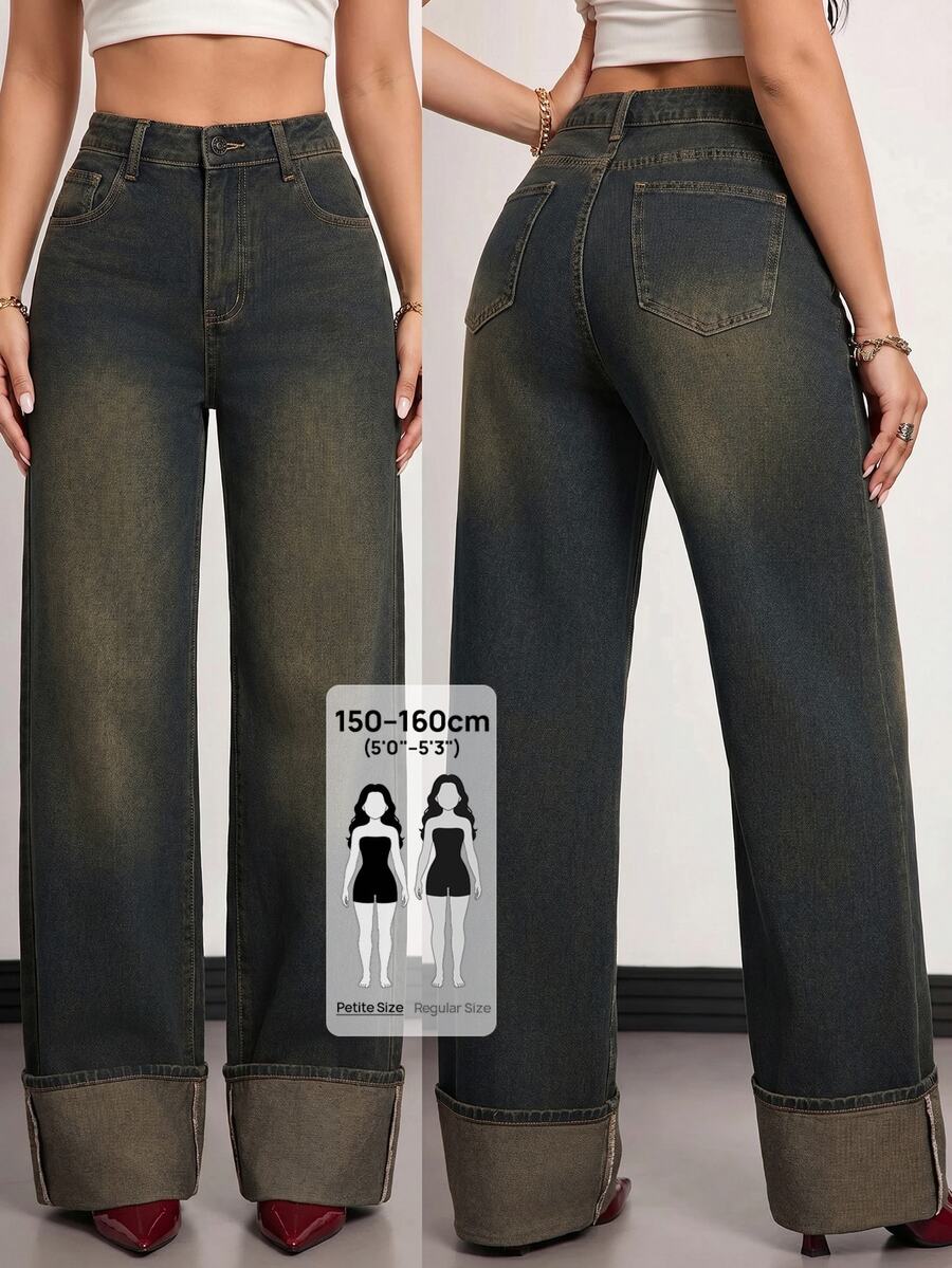 SHEIN PETITE Celana Jeans Denim Wanita Model Lebar, Longgar, Kasual, Serbaguna dengan Kantong - Biru - View 1