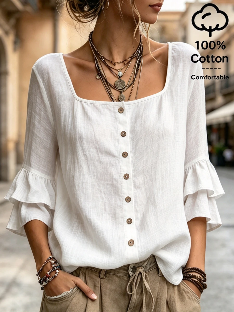 SHEIN White Washed Crinkled Fabric Square Neck Front Placket With Round Wooden Buttons Shoulder Gathered Double Layer Ruffle Trim Three-Quarter Straight Sleeve Slim Fit Cropped Blouse - White - View 1