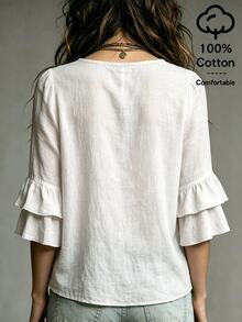 SHEIN White Washed Crinkled Fabric Square Neck Front Placket With Round Wooden Buttons Shoulder Gathered Double Layer Ruffle Trim Three-Quarter Straight Sleeve Slim Fit Cropped Blouse - White - View 2