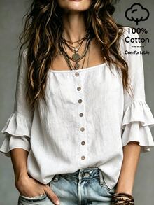 SHEIN White Washed Crinkled Fabric Square Neck Front Placket With Round Wooden Buttons Shoulder Gathered Double Layer Ruffle Trim Three-Quarter Straight Sleeve Slim Fit Cropped Blouse - White - View 3