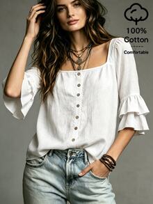 SHEIN White Washed Crinkled Fabric Square Neck Front Placket With Round Wooden Buttons Shoulder Gathered Double Layer Ruffle Trim Three-Quarter Straight Sleeve Slim Fit Cropped Blouse - White - View 4