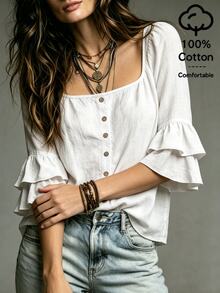 SHEIN White Washed Crinkled Fabric Square Neck Front Placket With Round Wooden Buttons Shoulder Gathered Double Layer Ruffle Trim Three-Quarter Straight Sleeve Slim Fit Cropped Blouse - White - View 5