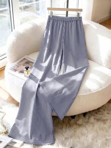 GlowEve CURVE Plus Size Women's Summer Gray Striped Fabric Wide Waistband Slanted Pockets Black Resin Button Decor Straight Leg Wide Leg Pants Vacation Style Fall - Navy Blue - View 2