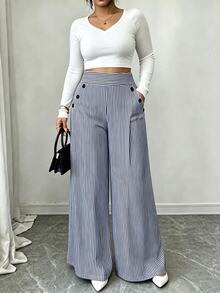 GlowEve CURVE Plus Size Women's Summer Gray Striped Fabric Wide Waistband Slanted Pockets Black Resin Button Decor Straight Leg Wide Leg Pants Vacation Style Fall - Navy Blue - View 8