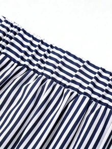 GlowEve CURVE Plus Size Women's Summer Gray Striped Fabric Wide Waistband Slanted Pockets Black Resin Button Decor Straight Leg Wide Leg Pants Vacation Style Fall - Navy Blue - View 5