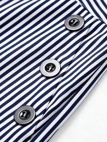 GlowEve CURVE Plus Size Women's Summer Gray Striped Fabric Wide Waistband Slanted Pockets Black Resin Button Decor Straight Leg Wide Leg Pants Vacation Style Fall - Navy Blue - View 7
