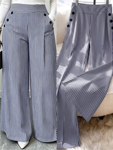 GlowEve CURVE Plus Size Women's Summer Gray Striped Fabric Wide Waistband Slanted Pockets Black Resin Button Decor Straight Leg Wide Leg Pants Vacation Style Fall - Navy Blue - View 1
