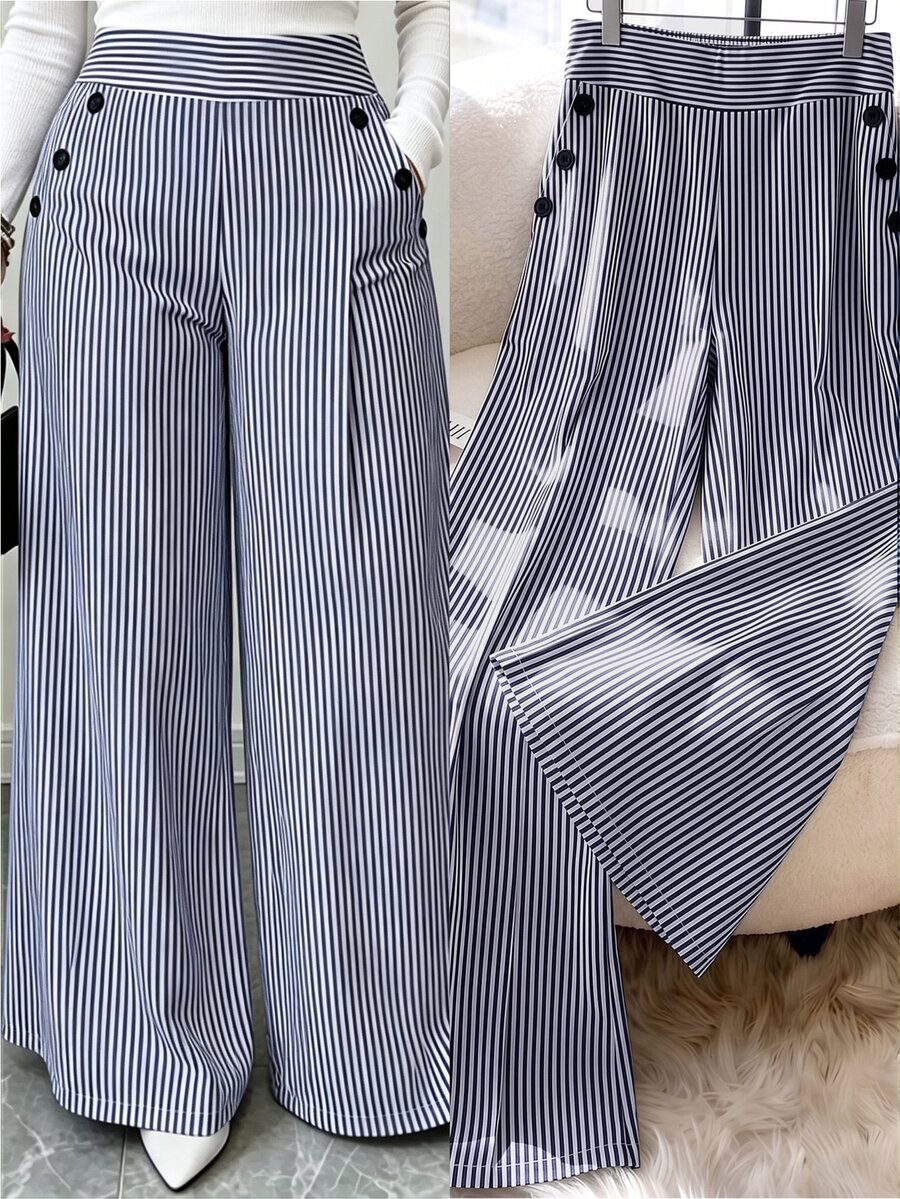 GlowEve CURVE Plus Size Women's Summer Gray Striped Fabric Wide Waistband Slanted Pockets Black Resin Button Decor Straight Leg Wide Leg Pants Vacation Style Fall - Navy Blue - View 1