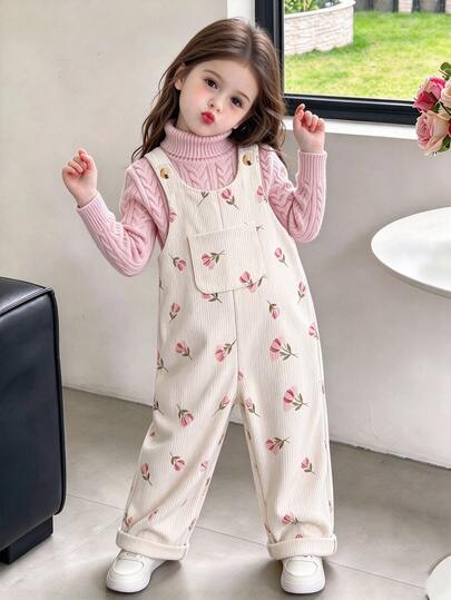SHEIN Young Girls Cute Style 4-7 Years Old Toddler Apricot Color Jumpsuit Overalls, Cute Floral Print Pattern, Fashion Basic Long Pants Set, Chest Pocket Detail, Soft Corduroy Fabric Comfortable To Wear, Casual Fit Suitable For Outings, Vacations, Daily Wear, Party And Multiple Occasions Fashion Item