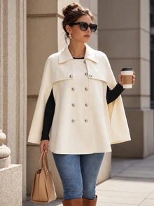 Easura Plus Size Autumn/Winter Casual Elegant Apricot Cape Style Overcoat Suitable For Commuting, Outings, Casual Wear And Home, Versatile - Apricot - View 5