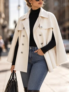 Easura Plus Size Autumn/Winter Casual Elegant Apricot Cape Style Overcoat Suitable For Commuting, Outings, Casual Wear And Home, Versatile - Apricot - View 7