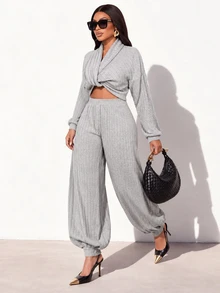 Brilight Grey Ribbed Knit 2 Pieces Loungewear Set V Neck Long Top High Waist Jogger Pants For Daily Lounge Str - Grey - View 9