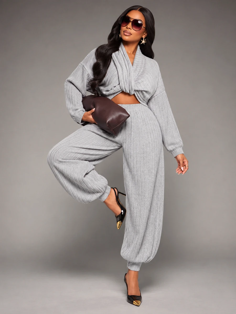 Brilight Grey Ribbed Knit 2 Pieces Loungewear Set V Neck Long Top High Waist Jogger Pants For Daily Lounge Str - Grey - View 1