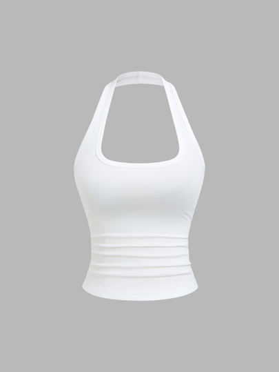 Sweetra 3pcs/Set Summer French Fashion Polka Dot & White, Pale Yellow Backless Cinched Waist Sexy Casual Versatile Women's Halter Tank Tops