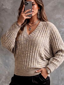 Ceyna Plus Size Women's Fashion Ribbed Batwing Sleeve Design Pullover Sweater Casual Daily Commute Autumn/Winter Top - Multicolor - View 5