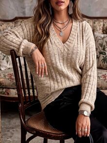 Ceyna Plus Size Women's Fashion Ribbed Batwing Sleeve Design Pullover Sweater Casual Daily Commute Autumn/Winter Top - Multicolor - View 1