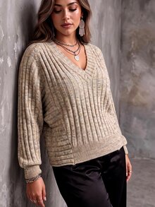 Ceyna Plus Size Women's Fashion Ribbed Batwing Sleeve Design Pullover Sweater Casual Daily Commute Autumn/Winter Top - Multicolor - View 3