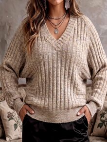 Ceyna Plus Size Women's Fashion Ribbed Batwing Sleeve Design Pullover Sweater Casual Daily Commute Autumn/Winter Top - Multicolor - View 6