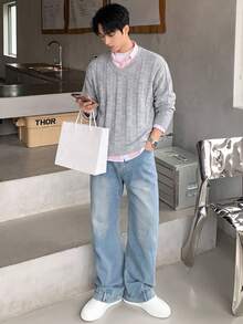 Claim Dot Men's Simple Casual Drop Shoulder Knit Sweater, Autumn/Winter - Grey - View 1