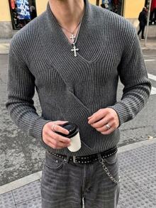 Claim Dot Men's Cross-Neck Lazy Long Sleeve Pullover Sweater, Vertical Ribbed Knit Autumn/Winter Top, Dark Grey Loose Fit Sweater, Premium Commute Wear With Elegance, Versatile Twisted Asymmetric Collar Textured Pullover Sweater - Dark Grey - View 2