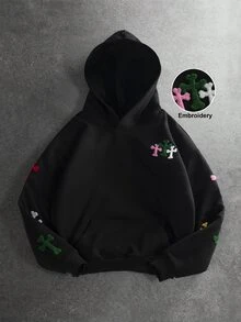 STYNVO Men's Cross Embroidery Long Sleeve Pocket Casual Hoodie - Black - View 2