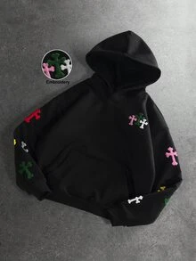 STYNVO Men's Cross Embroidery Long Sleeve Pocket Casual Hoodie - Black - View 8