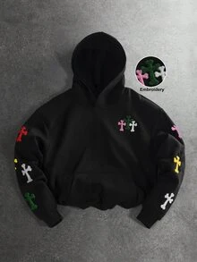 STYNVO Men's Cross Embroidery Long Sleeve Pocket Casual Hoodie - Black - View 1