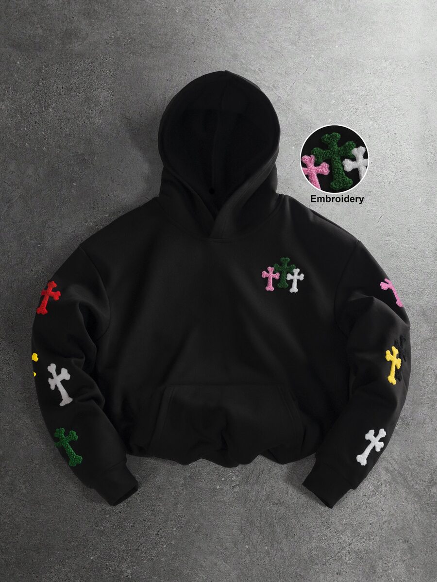 STYNVO Men's Cross Embroidery Long Sleeve Pocket Casual Hoodie - Black - View 1