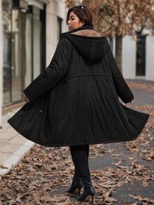SHEIN Clasi Plus Size Fashion Drawstring Zipper Long Sleeve Hooded Padded Coat Winter - Black - View 2