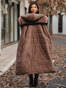 SHEIN Clasi Plus Size Fashion Drawstring Zipper Long Sleeve Hooded Padded Coat Winter - Black - View 8