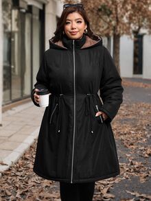 SHEIN Clasi Plus Size Fashion Drawstring Zipper Long Sleeve Hooded Padded Coat Winter - Black - View 3