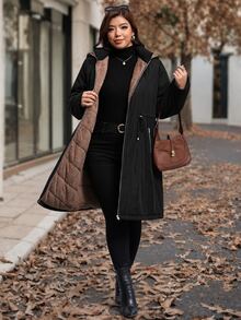 SHEIN Clasi Plus Size Fashion Drawstring Zipper Long Sleeve Hooded Padded Coat Winter - Black - View 7
