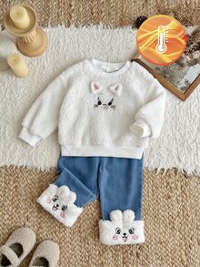 SHEIN 女童毛绒圆领长袖T恤和裤子套装 - 彩色 - 查看 5