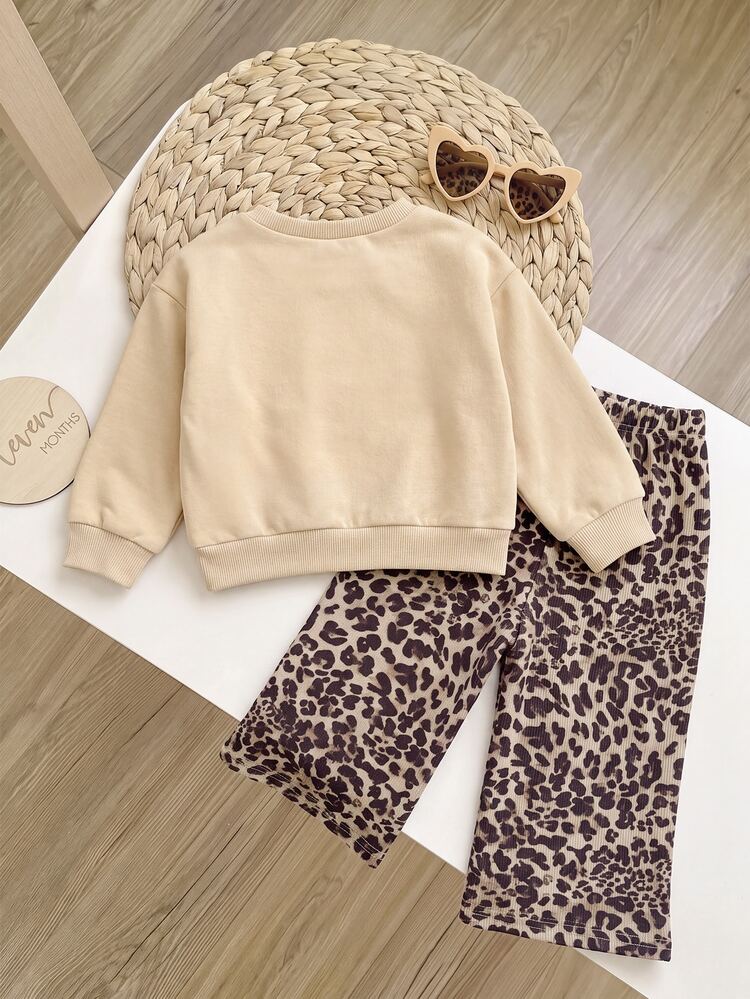 Babygirl Leopard Print Cute Autumn/Winter Versatile Sweatshirt & Pants Set - Khaki - View 2